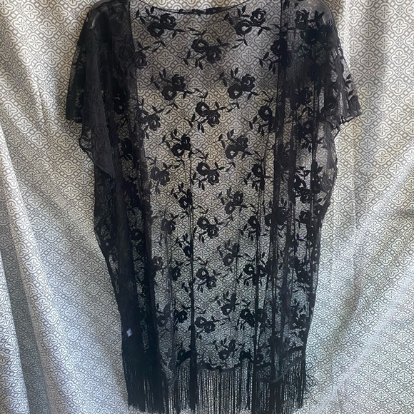 Other - NWOT Black Sheer Rose Kimono/Cover Up with Fringe